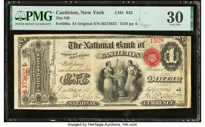 image for: Castleton, NY - $1 Original Fr. 380a The National Bank of Castleton Ch. # 842 PMG Very Fine 30....