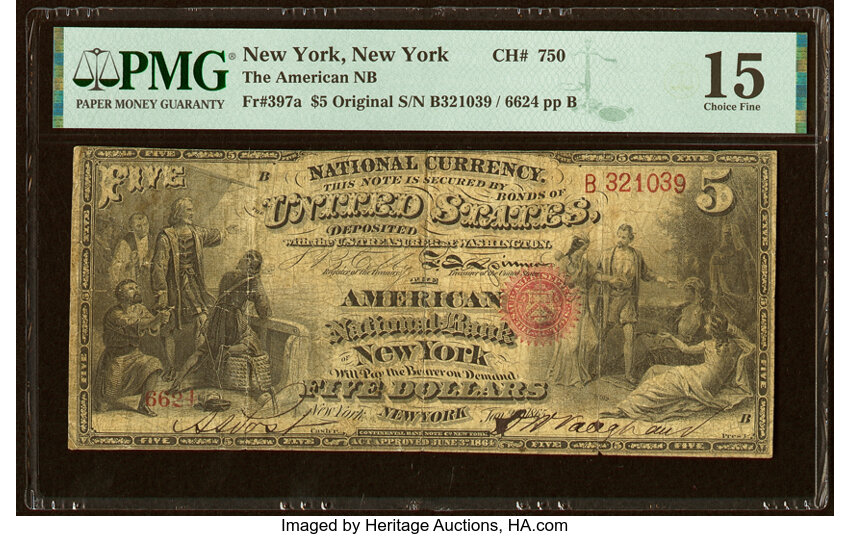 image for: New York, NY - $5 Original Fr. 397a The American National Bank Ch. # 750 PMG Choice Fine 15....