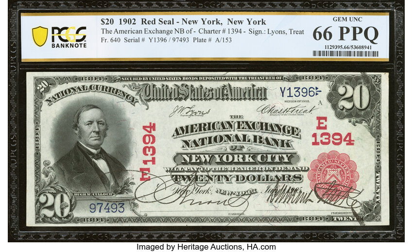 image for: New York, NY - $20 1902 Red Seal Fr. 640 The American Exchange National Bank Ch. # (E)1394 PCGS Banknote Gem Unc 66 PPQ....
