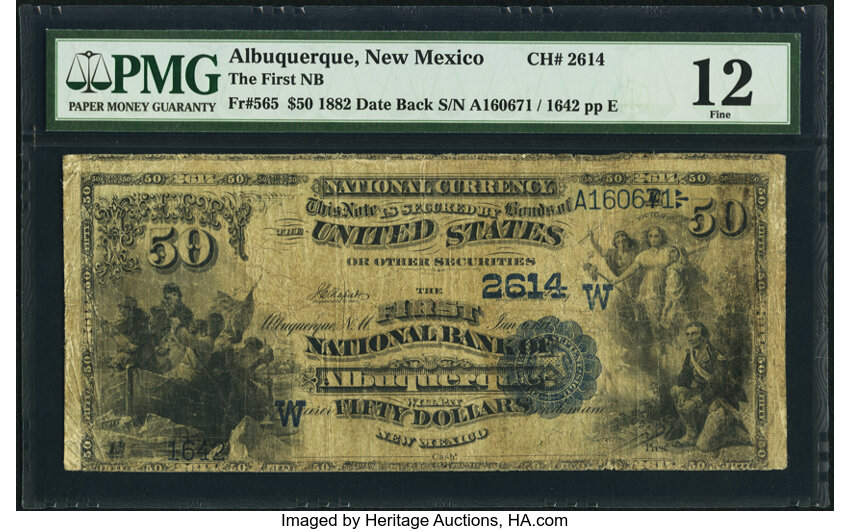 image for: Albuquerque, NM - $50 1882 Date Back Fr. 565 The First National Bank Ch. # (W)2614 PMG Fine 12....