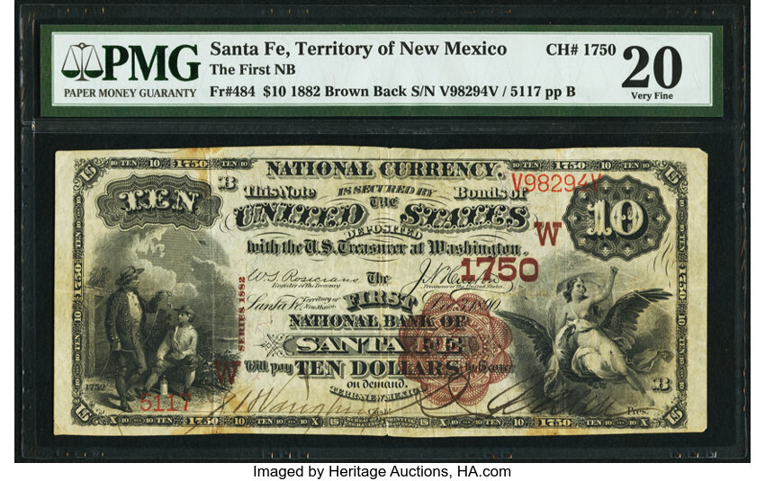 image for: Santa Fe, NM - $10 1882 Brown Back Fr. 484 The First National Bank Ch. # (W)1750 PMG Very Fine 20....