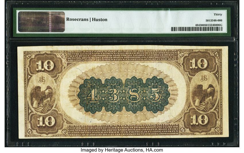 image for: Muscogee, Indian Territory - $10 1882 Brown Back Fr. 484 The First National Bank Ch. # (W)4385 PMG Very Fine 30....