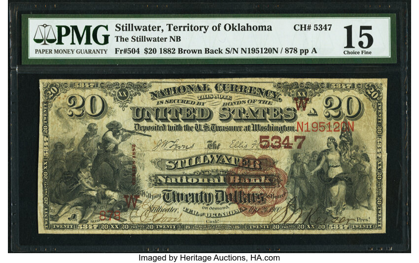 image for: Stillwater, OT - $20 1882 Brown Back Fr. 504 The Stillwater National Bank Ch. # (W)5347 PMG Choice Fine 15....