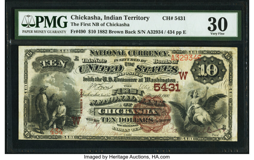 image for: Chickasha, Indian Territory - $10 1882 Brown Back Fr. 490 The First National Bank Ch. # (W)5431 PMG Very Fine 30....