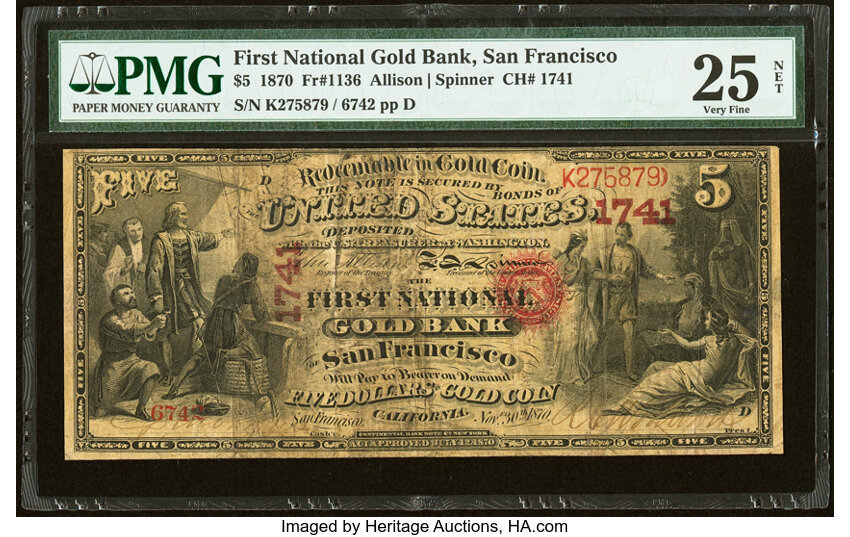 image for: San Francisco, CA - $5 1870 Fr. 1136 The First National Gold Bank Ch. # 1741 PMG Very Fine 25 Net....