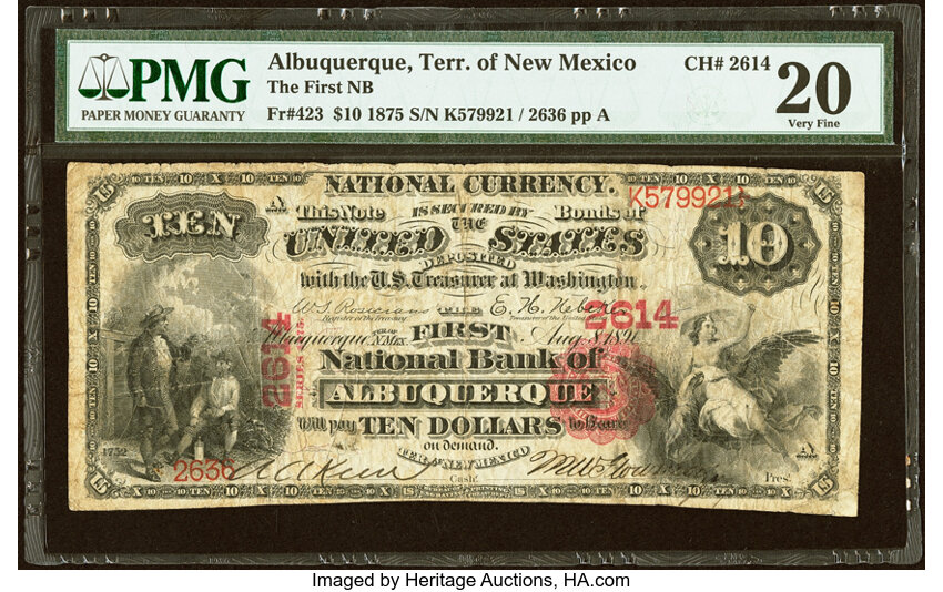 image for: Albuquerque, NM - $10 1875 Fr. 423 The First National Bank Ch. # 2614 PMG Very Fine 20....