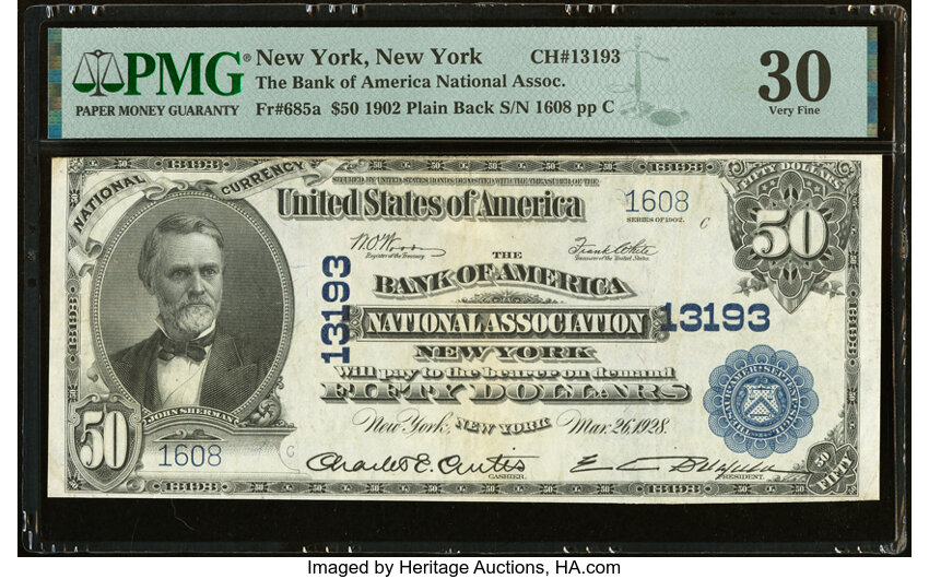 image for: New York, NY - $50 1902 Plain Back Fr. 685a The Bank of America National Assoc Ch. # 13193 PMG Very Fine 30....