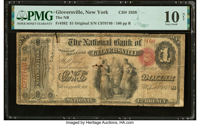 image for: Gloversville, NY - $1 Original Fr. 382 The National Bank of Gloversville Ch. # 1938 PMG Very Good 10 Net....