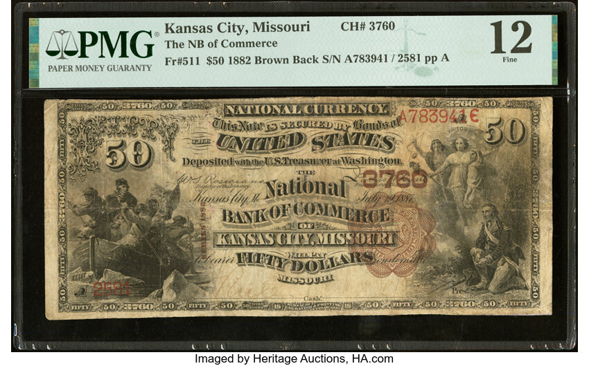 image for: Kansas City, MO - $50 1882 Brown Back Fr. 511 The National Bank of Commerce Ch. # 3760 PMG Fine 12....