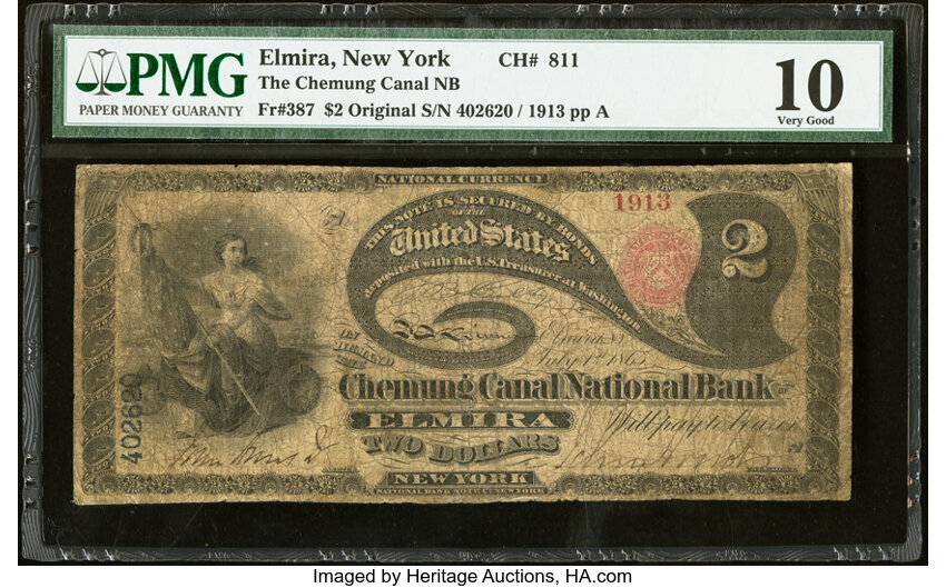image for: Elmira, NY - $2 Original Fr. 387 The Chemung Canal National Bank Ch. # 811 PMG Very Good 10....