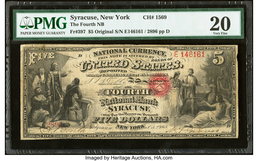 image for: Syracuse, NY - $5 Original Fr. 397 The Fourth National Bank Ch. # 1569 PMG Very Fine 20....