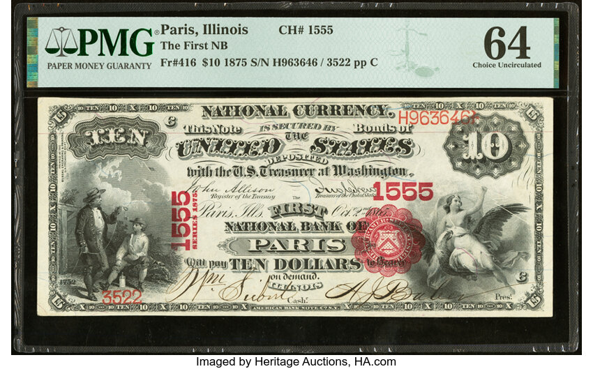 image for: Paris, IL - $10 1875 Fr. 416 The First National Bank Ch. # 1555 PMG Choice Uncirculated 64....