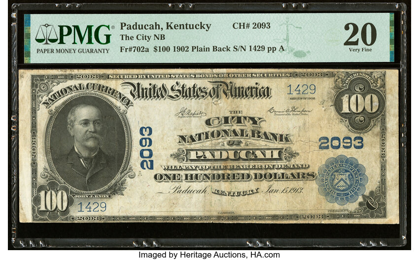 image for: Paducah, KY - $100 1902 Plain Back Fr. 702a The City National Bank Ch. # 2093 PMG Very Fine 20....
