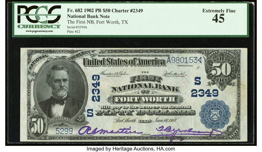 image for: Fort Worth, TX - $50 1902 Plain Back Fr. 682 The First National Bank Ch. # (S)2349 PCGS Extremely Fine 45....
