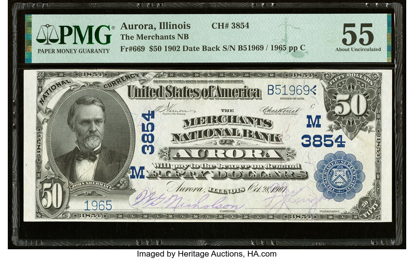 image for: Aurora, IL - $50 1902 Date Back Fr. 669 The Merchants National Bank Ch. # (M)3854 PMG About Uncirculated 55....
