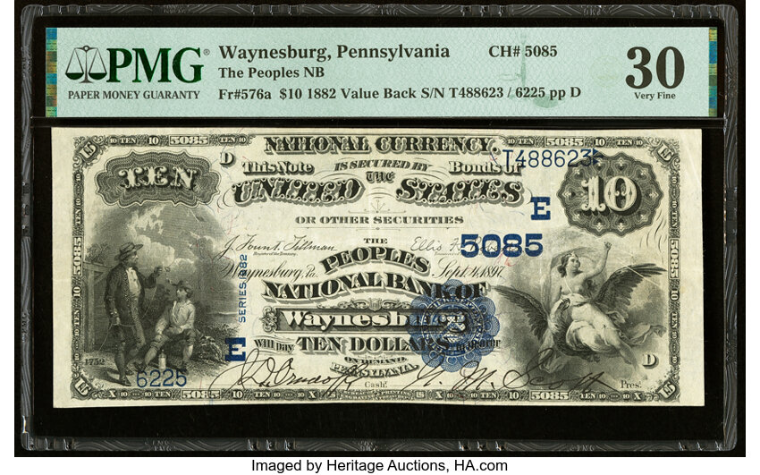 image for: Waynesburg, PA - $10 1882 Value Back Fr. 576a The Peoples National Bank Ch. # (E)5085 PMG Very Fine 30....