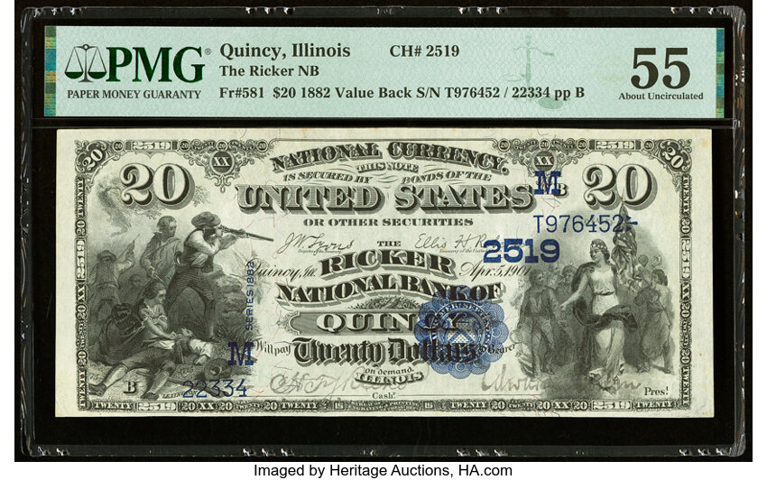 image for: Quincy, IL - $20 1882 Value Back Fr. 581 The Ricker National Bank Ch. # (M)2519 PMG About Uncirculated 55....