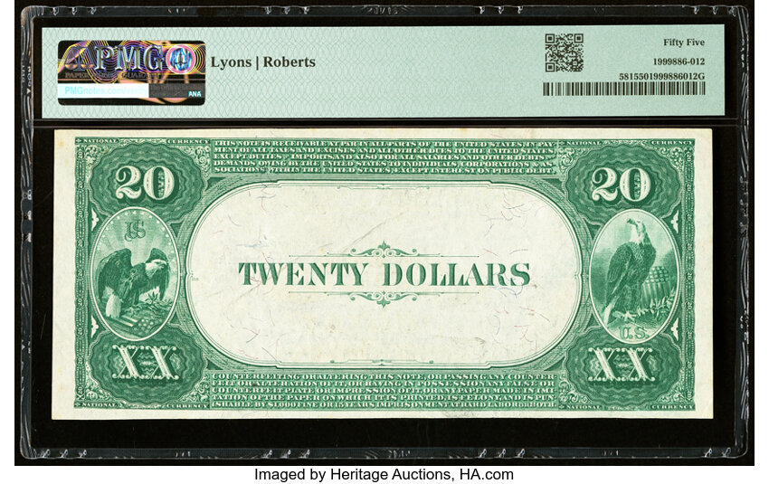 image for: Quincy, IL - $20 1882 Value Back Fr. 581 The Ricker National Bank Ch. # (M)2519 PMG About Uncirculated 55....