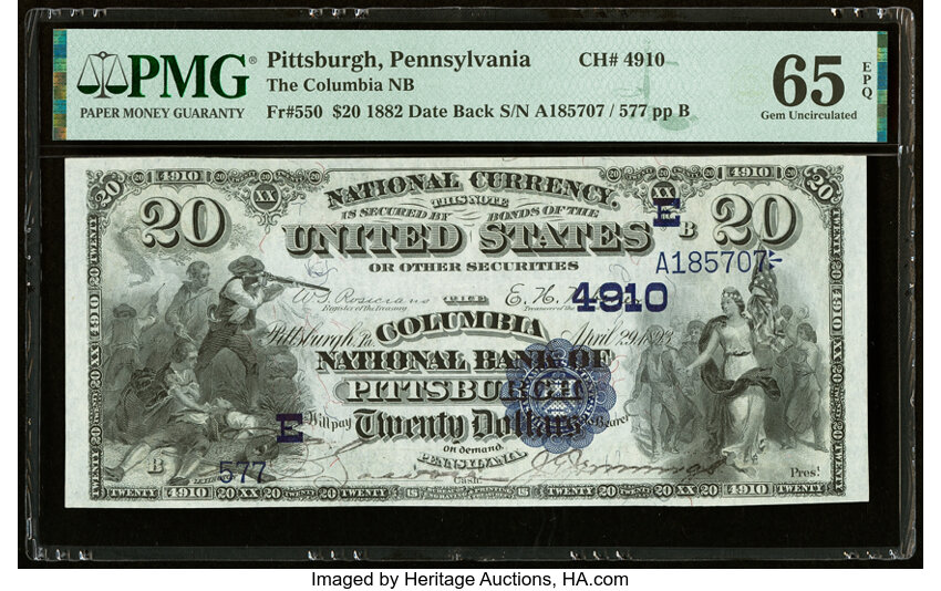 image for: Pittsburgh, PA - $20 1882 Date Back Fr. 550 The Columbia National Bank Ch. # (E)4910 PMG Gem Uncirculated 65 EPQ....