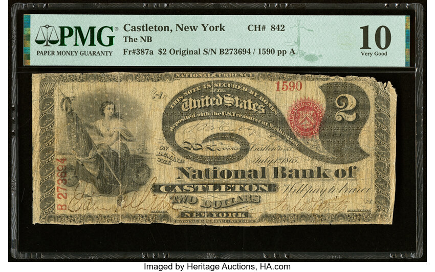 image for: Castleton, NY - $2 Original Fr. 387a The National Bank of Castleton Ch. # 842 PMG Very Good 10....