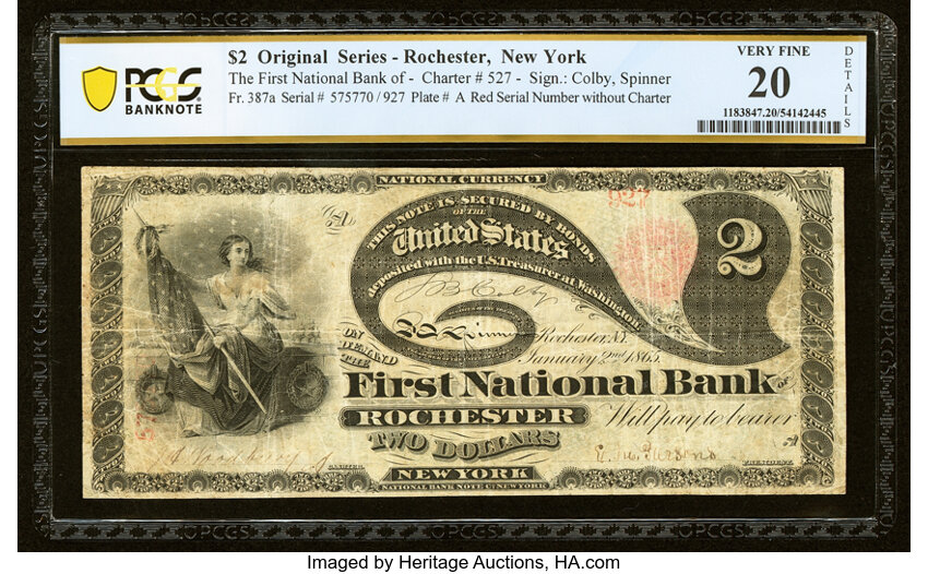 image for: Rochester, NY - $2 Original Fr. 387 The First National Bank Ch. # 527 PCGS Banknote Very Fine 20 Details....