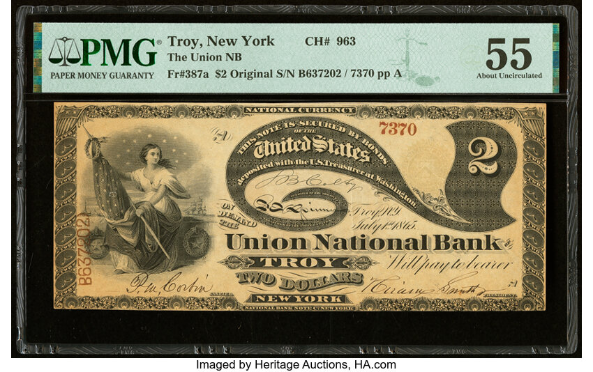 image for: Troy, NY - $2 Original Fr. 387a The Union National Bank Ch. # 963 PMG About Uncirculated 55....