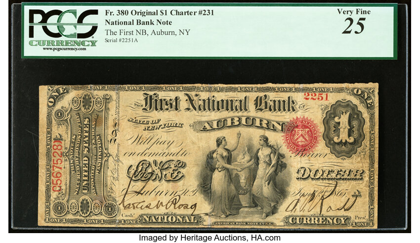 image for: Auburn, NY - $1 Original Fr. 380 The First National Bank Ch. # 231 PCGS Very Fine 25....