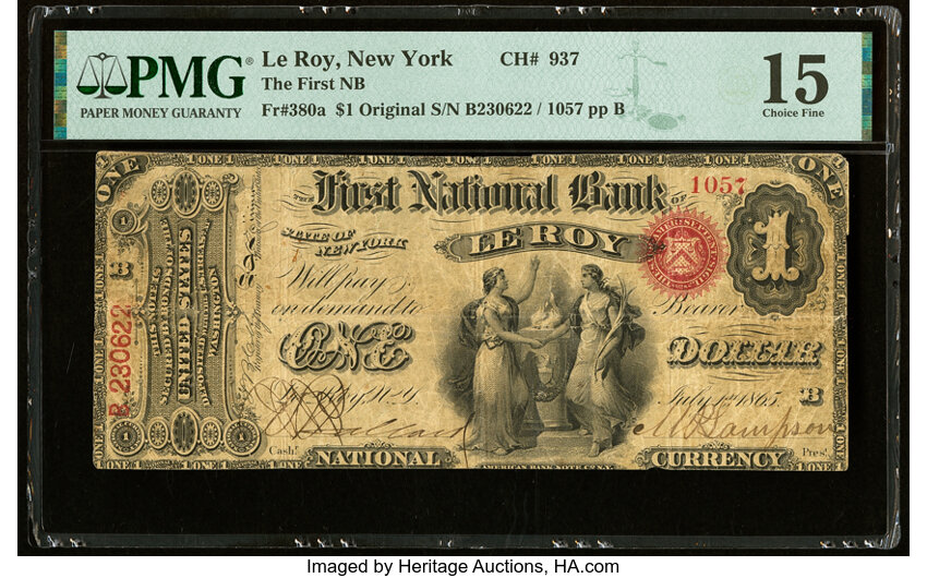 image for: Le Roy, NY - $1 Original Fr. 380a The First National Bank Ch. # 937 PMG Choice Fine 15....