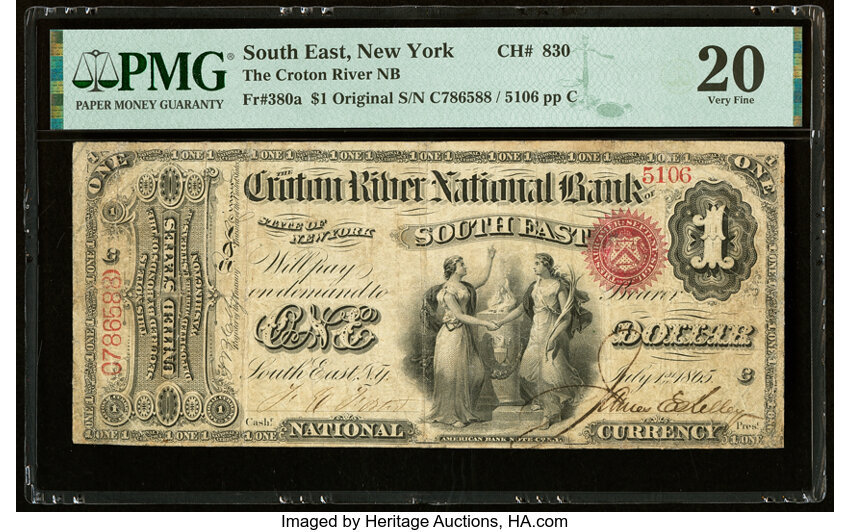 image for: South East, NY - $1 Original Fr. 380a The Croton River National Bank Ch. # 830 PMG Very Fine 20....