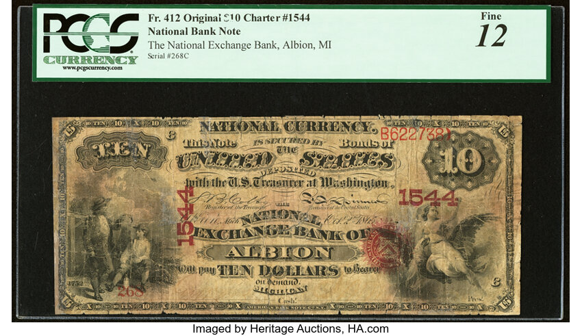 image for: Albion, MI - $10 Original Fr. 412 The National Exchange Bank Ch. # 1544 PCGS Fine 12....