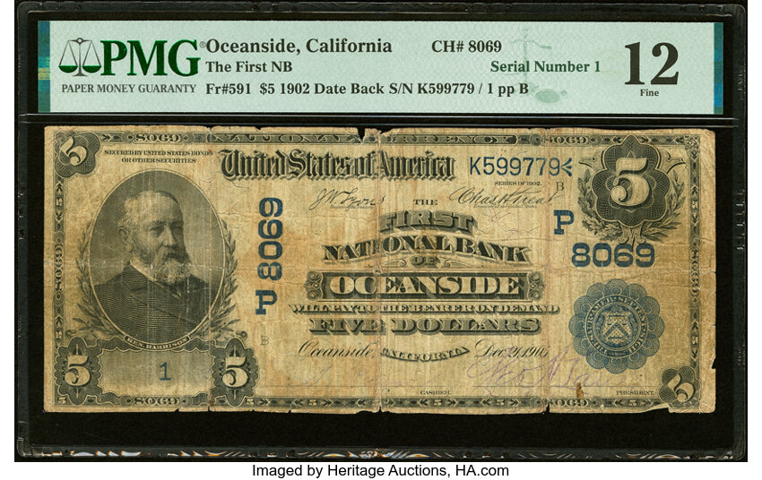 image for: Serial Number 1 Oceanside, CA - $5 1902 Date Back Fr. 591 The First National Bank Ch. # (P)8069 PMG Fine 12....