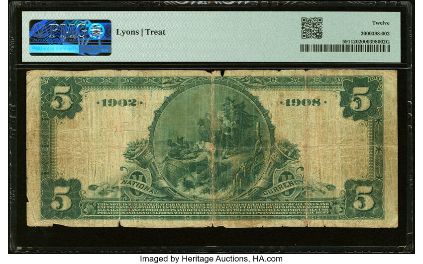 image for: Serial Number 1 Oceanside, CA - $5 1902 Date Back Fr. 591 The First National Bank Ch. # (P)8069 PMG Fine 12....