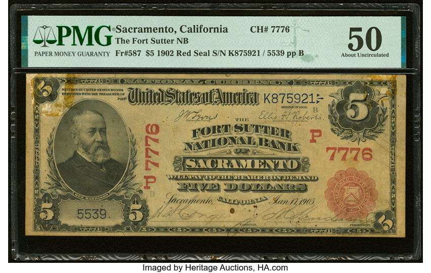 image for: Sacramento, CA - $5 1902 Red Seal Fr. 587 The Fort Sutter National Bank Ch. # (P)7776 PMG About Uncirculated 50....