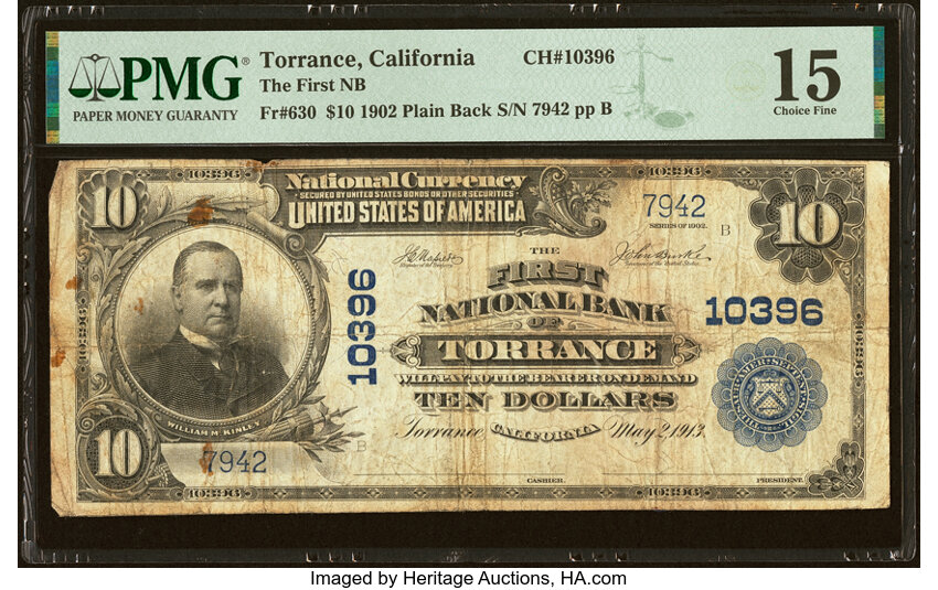 image for: Torrance, CA - $10 1902 Plain Back Fr. 630 The First National Bank Ch. # 10396 PMG Choice Fine 15....