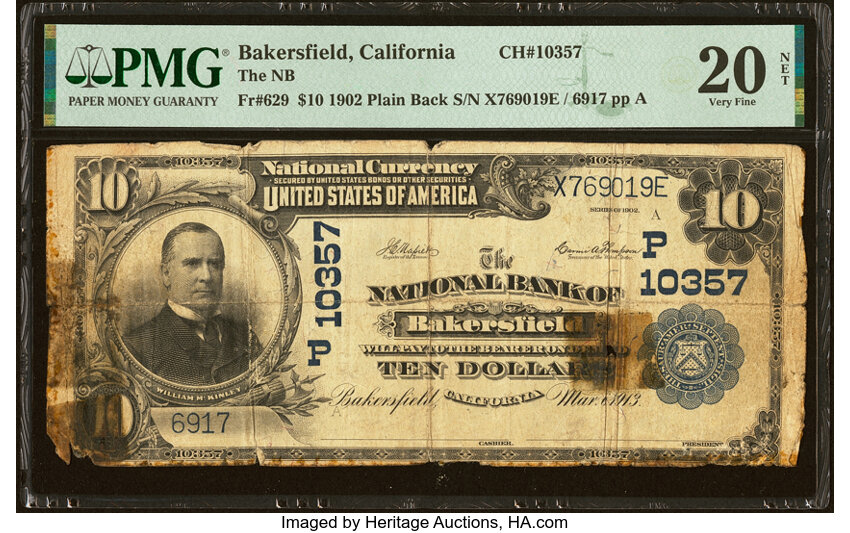image for: Bakersfield, CA - $10 1902 Plain Back Fr. 629 The National Bank of Bakersfield Ch. # (P)10357 PMG Very Fine 20 Net....