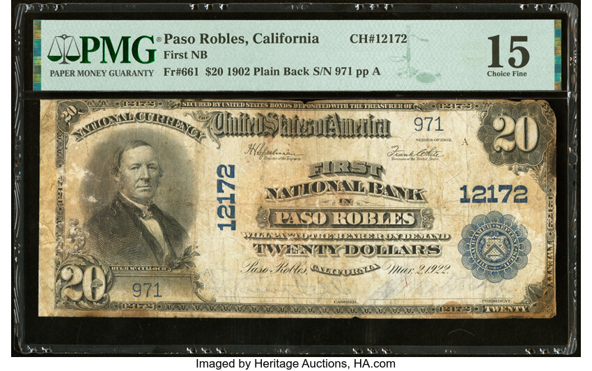 image for: Paso Robles, CA - $20 1902 Plain Back Fr. 661 First National Bank Ch. # 12172 PMG Choice Fine 15....