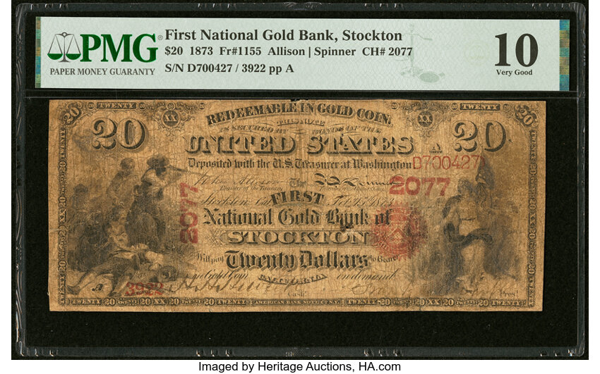 image for: Stockton, CA - $20 1873 Fr. 1155 The First National Gold Bank Ch. # 2077 PMG Very Good 10....