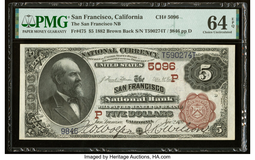 image for: San Francisco, CA - $5 1882 Brown Back Fr. 475 The San Francisco National Bank Ch. # (P)5096 PMG Choice Uncirculated 64 EPQ....