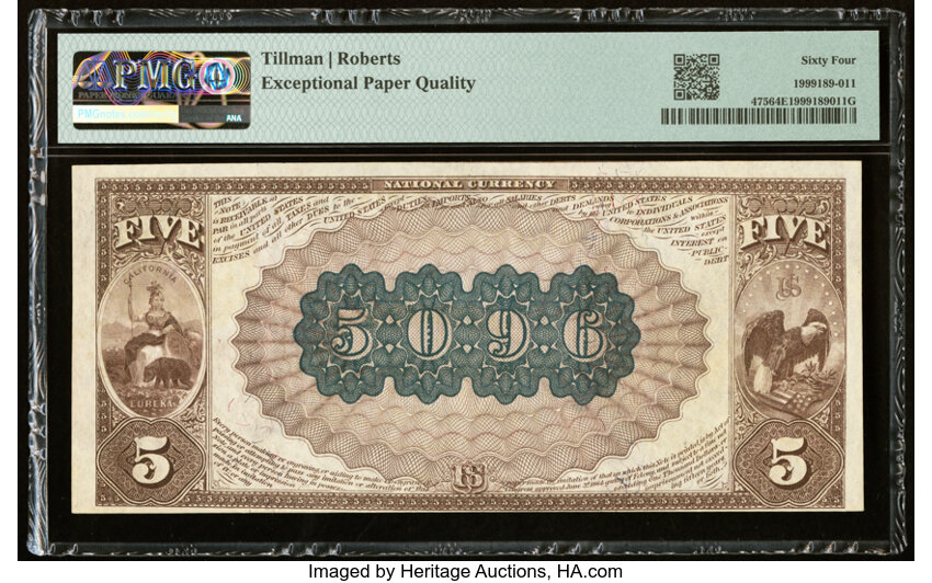 image for: San Francisco, CA - $5 1882 Brown Back Fr. 475 The San Francisco National Bank Ch. # (P)5096 PMG Choice Uncirculated 64 EPQ....