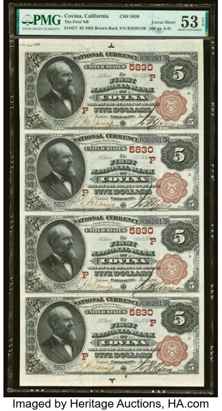 image for: Covina, CA - $5 1882 Brown Back Fr. 477 The First National Bank Ch. # (P)5830 Uncut Sheet PMG About Uncirculated 53 EPQ....