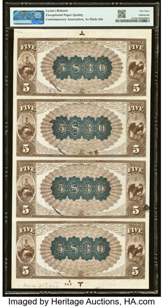image for: Covina, CA - $5 1882 Brown Back Fr. 477 The First National Bank Ch. # (P)5830 Uncut Sheet PMG About Uncirculated 53 EPQ....