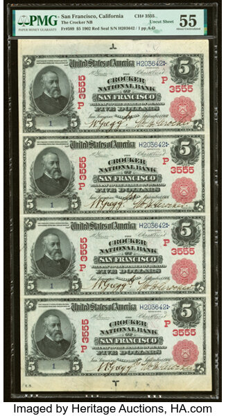 image for: Serial Number 1 San Francisco, CA - $5 1902 Red Seal Fr. 589 The Crocker National Bank Ch. # (P)3555 Uncut Sheet PMG About Unc...