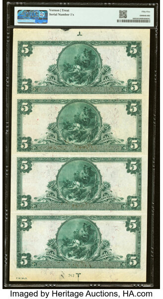 image for: Serial Number 1 San Francisco, CA - $5 1902 Red Seal Fr. 589 The Crocker National Bank Ch. # (P)3555 Uncut Sheet PMG About Unc...