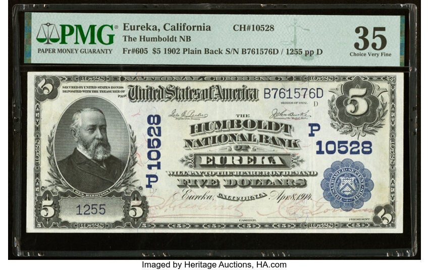 image for: Eureka, CA - $5 1902 Plain Back Fr. 605 The Humboldt National Bank Ch. # (P)10528 PMG Choice Very Fine 35....