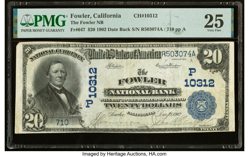 image for: Fowler, CA - $20 1902 Date Back Fr. 647 The Fowler National Bank Ch. # (P)10312 PMG Very Fine 25....