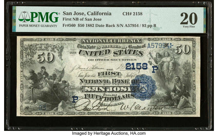image for: San Jose, CA - $50 1882 Date Back Fr. 560 The First National Bank Ch. # (P)2158 PMG Very Fine 20....