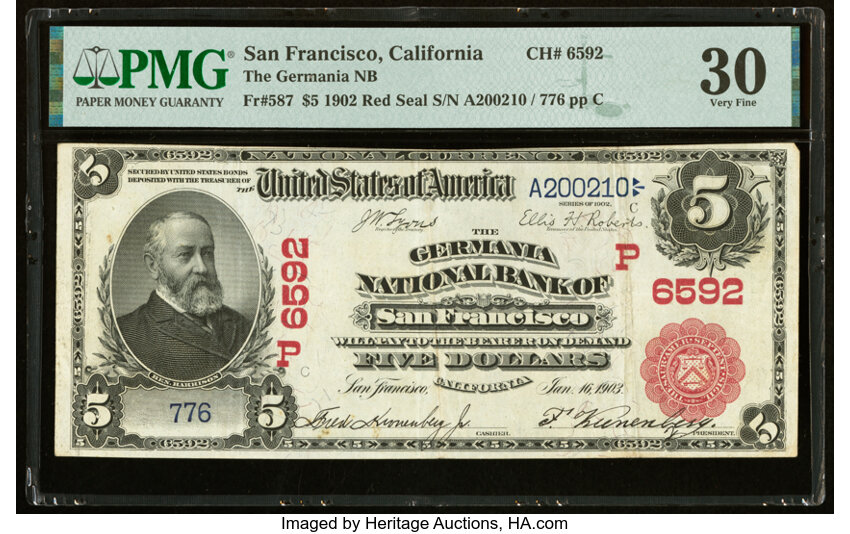 image for: San Francisco, CA - $5 1902 Red Seal Fr. 587 The Germania National Bank Ch. # (P)6592 PMG Very Fine 30....