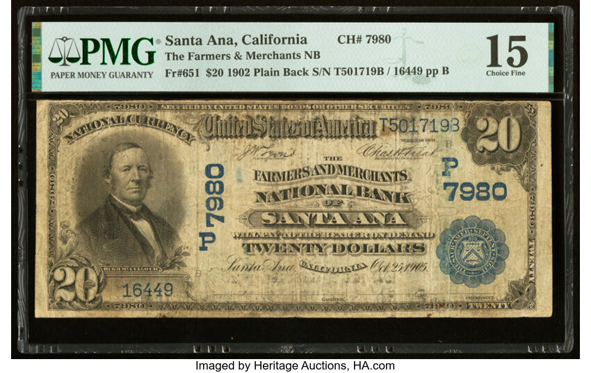 image for: Santa Ana, CA - $20 1902 Plain Back Fr. 651 The Farmers & Merchants National Bank Ch. # (P)7980 PMG Choice Fine 15....
