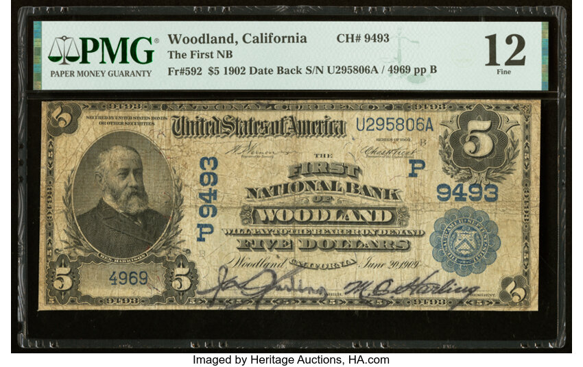 image for: Woodland, CA - $5 1902 Date Back Fr. 592 The First National Bank of Woodland Ch. # (P)9493 PMG Fine 12....