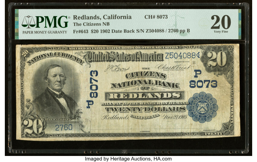 image for: Redlands, CA - $20 1902 Date Back Fr. 643 The Citizens National Bank Ch. # (P)8073 PMG Very Fine 20....